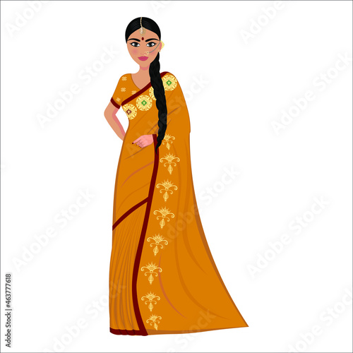 Woman in folk national Indian costume. Indian woman in yellow saree. Vector illustration