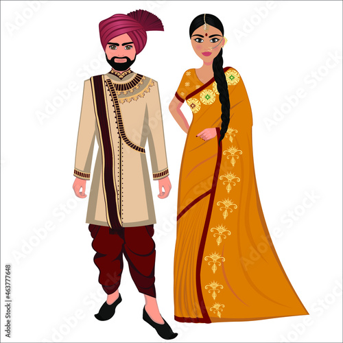 Woman and man in folk national Indian costumes. Vector illustration
