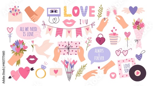 Cartoon fashion love stickers and patches for valentine day. Heart balloon, hands of couple, lip kisses, dove and letter. Diary vector set