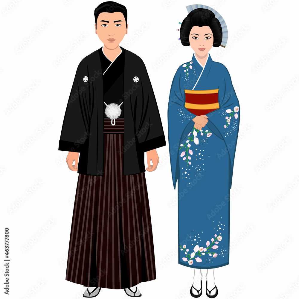 Woman and man in folk national Japanese costumes. Vector illustration Woman and man in folk national Japanese costumes. Vector illustration