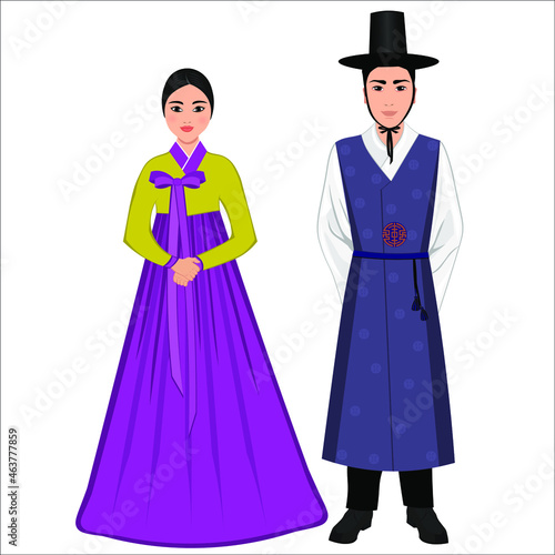 Woman and man in folk national Korean costumes. Vector illustration