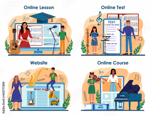 Music club or school online service or platform set. Students learn