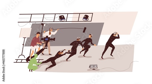 Film-making backstage with cameraman, assistants and actors. Shooting action movie. Video production with professional camera nad microphone. Flat vector illustration isolated on white background