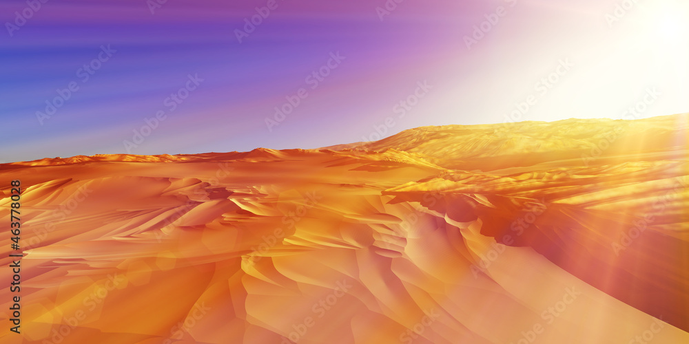 Fototapeta Dunes sunset over the desert. 3d rendering