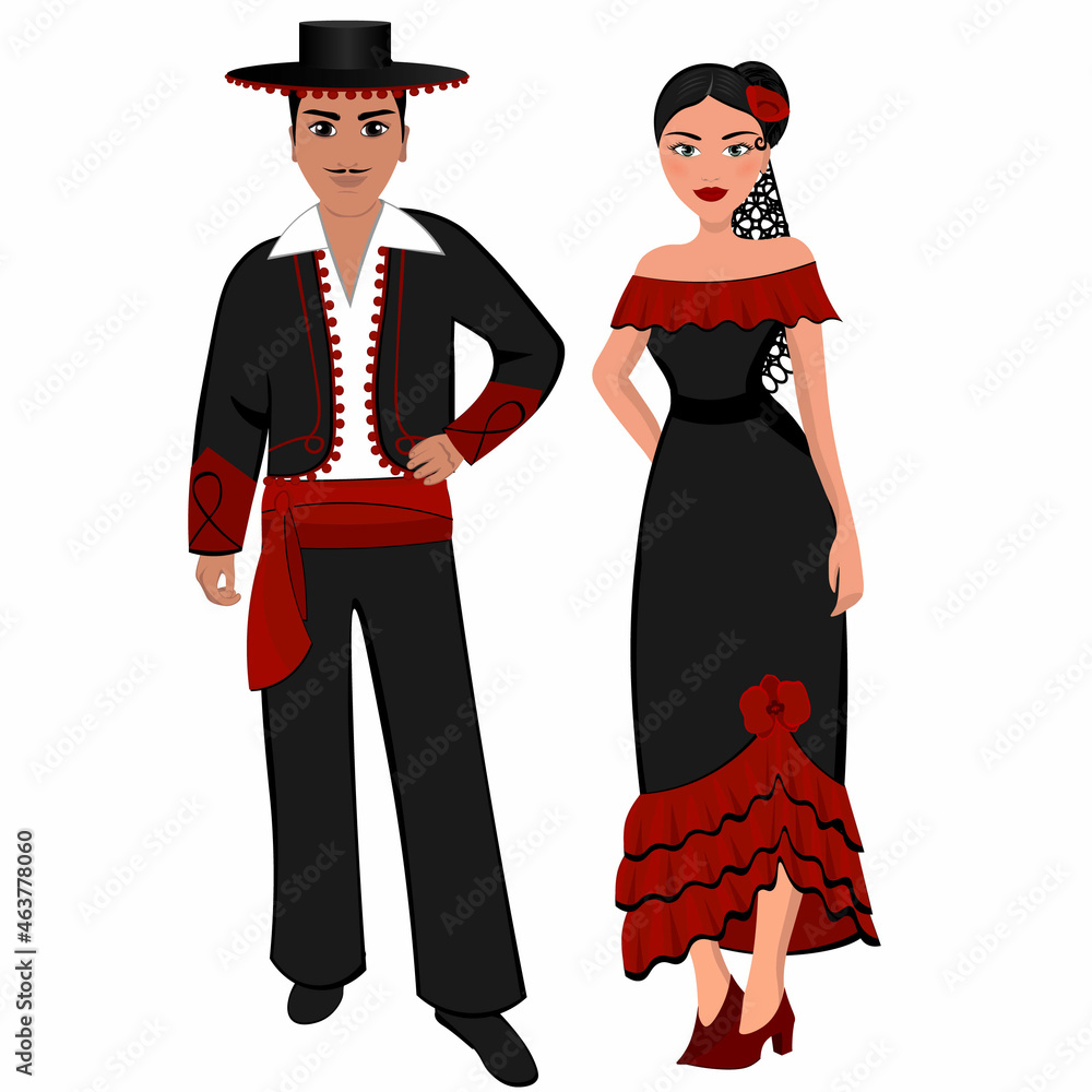 Woman and man in folk national Spanish costumes. Vector illustration