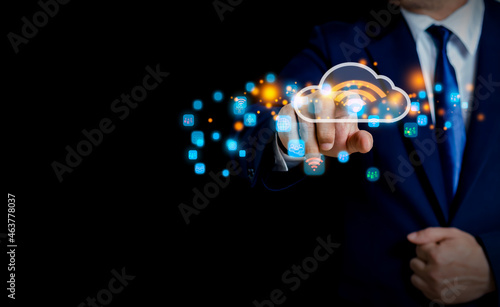 Businessman hands place online cloud network data connection. Wi-Fi. Concept of future online cloud connection. of people through communication technology