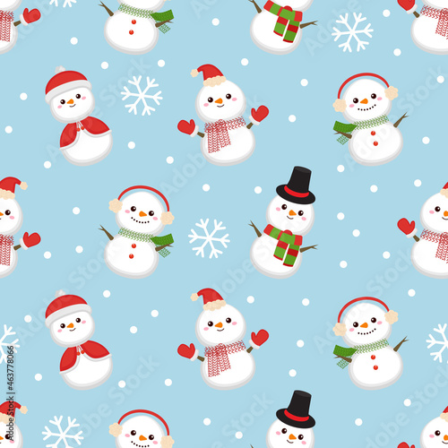 Cute Christmas snowman seamless pattern. Flat vector cartoon design