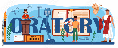 Oratory typographic header. Students training public speaking