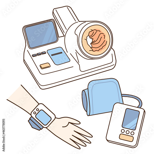 Vector illustrations of different types of sphygmomanometers.