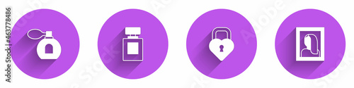 Set Perfume, Castle in the shape of heart and Portrait picture museum icon with long shadow. Vector