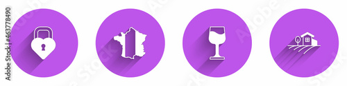 Set Castle in the shape of heart, Map France, Wine glass and Village landscape icon with long shadow. Vector