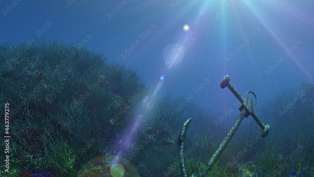 Fototapeta premium anchor under water sun ray illustration