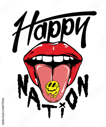 happiness pill on tongue with red lips illustration  and happy nation hand drawn custom typography