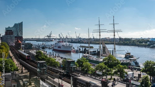 Hamburg harbor, Germany, time lapse (4k): Beautiful panoramic view of the harbor with Elbe on a sunny day with blue sky in summer, St. Pauli district, train station Landungsbruecken