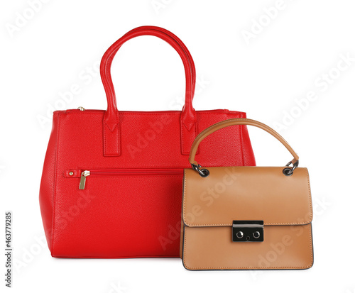 Different stylish women's bags on white background