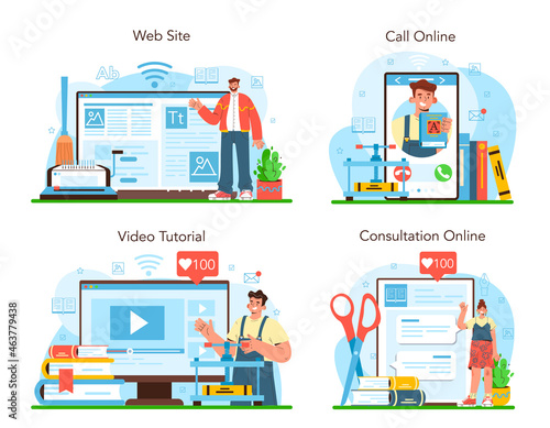 Book binding online service or platform set. Printing house technology