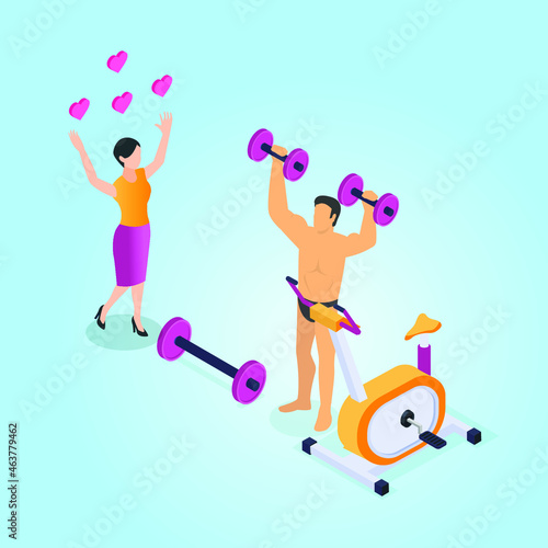 Woman loving muscular man in gym 3d isometric vector illustration concept for banner, website, landing page, ads, flyer template