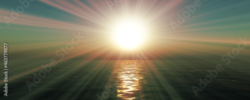 sunset sea sun ray clear sky. 3d rendering