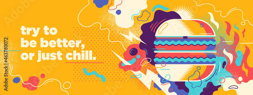 Abstract fast food banner design with burger, splashing shapes  and slogan. Vector illustration.