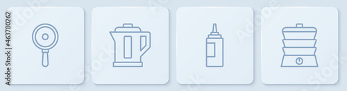 Set line Frying pan, Sauce bottle, Electric kettle and Slow cooker. White square button. Vector