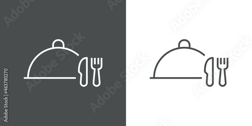 Comida para llevar. Bandeja con cubiertos. Logotipo bandeja de comida con tapa con cuchillo y tenedor con lineas en fondo gris y fondo blanco
