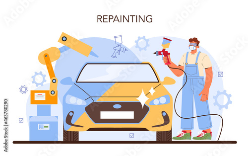 Car service. Mechanic in uniform paint a body of vehicle.