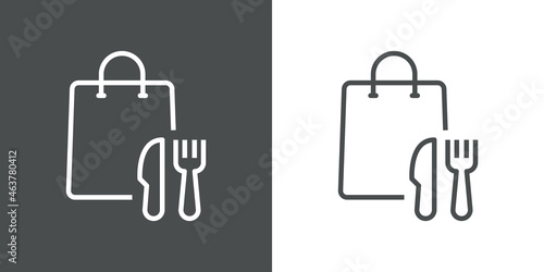 Comida para llevar. Bolsa con cubiertos. Logotipo bolsa de la compra con cuchillo y tenedor con lineas en fondo gris y fondo blanco