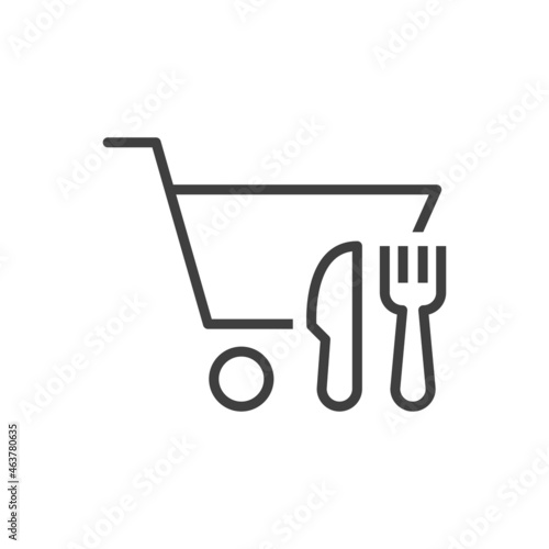 Comida para llevar. Carreta con cubiertos. Logotipo carrito de la compra con cuchillo y tenedor con lineas en color gris