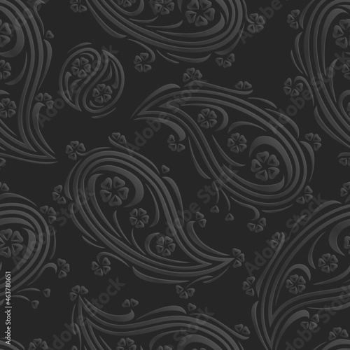 Black paisley floral background. Seamless pattern for textiles  packaging  tiles  greeting card decoration. Vector illustration