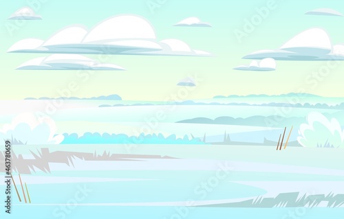 Winter glade. Rural landscape with cold white snow and drifts. Beautiful frosty view of countryside hilly plain. Flat design cartoon style. Vector