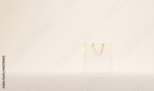 Minimal shopping advertising concept with transparent shopping bags floating on white and beige background. Shopping online payment concept. 3d render 