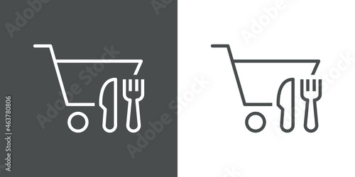 Comida para llevar. Carreta con cubiertos. Logotipo carrito de la compra con cuchillo y tenedor con lineas en fondo gris y fondo blanco