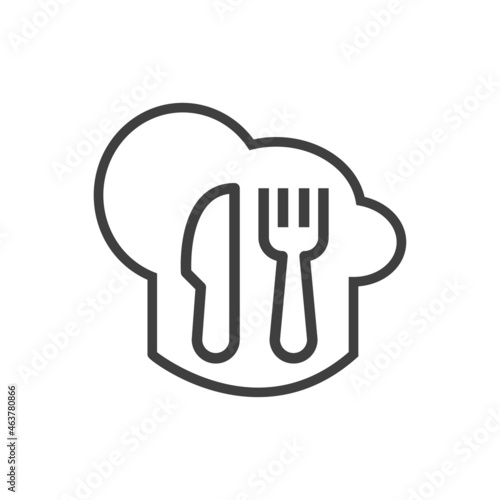 Logotipo gorro de cocinero con cubiertos con lineas en color gris