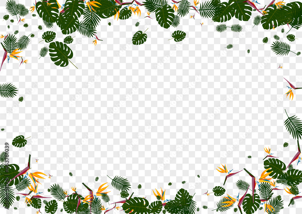 Fototapeta premium Pink Leaves Background Transparent Vector. Flora Color Texture. Green Philodendron. Garden Pattern. Orange Jungle Illustration.