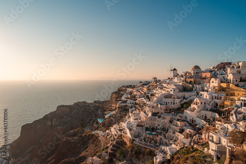 Sunset landscapes of the village Oia in Santorini Island in Greece