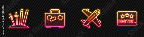 Set line Plane, Ski and sticks, Suitcase and Signboard with text Hotel. Glowing neon icon. Vector