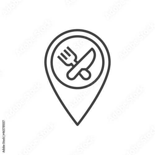 Buscar restaurante. Logotipo puntero de posición con cubiertos cruzados con lineas en color gris