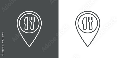 Buscar restaurante. Logotipo puntero de posición con cubiertos con lineas en fondo gris y fondo banco