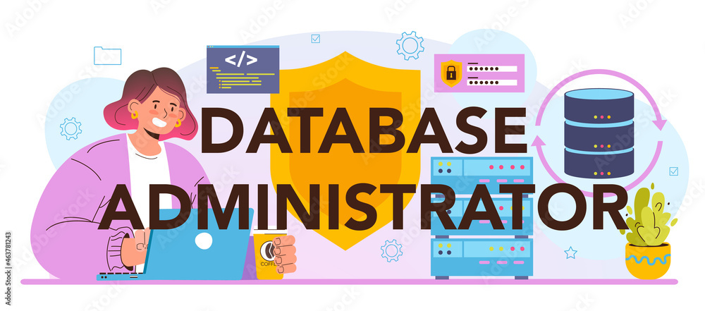 Data base administrator typographic header. Manager working at data center