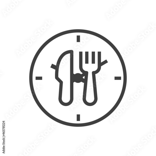 Reloj con cubiertos. Descanso para comer. Logotipo con esfera de reloj con tenedor y cuchillo con lineas en color gris