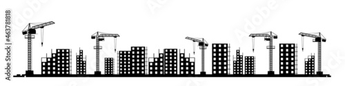 Construction of a new microdistrict of the city. Silhouette. Cranes and Tractors. Modern technologies and equipment. Isolated on white background illustration vector