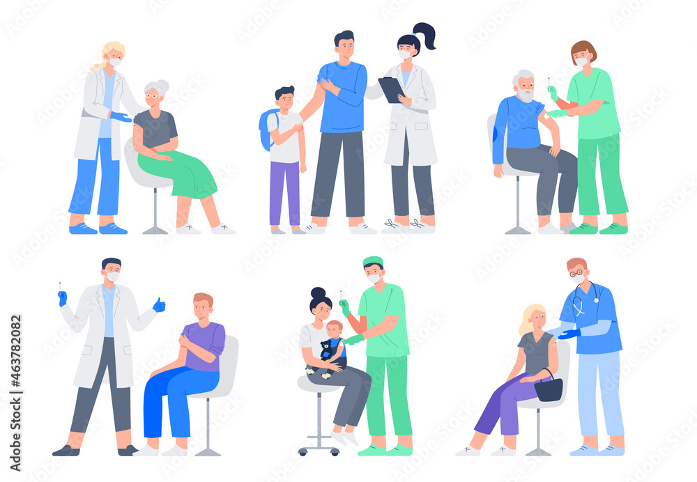 Set of people of different ages, gender gets vaccinated. Doctors and nurses with syringes in hand. Vector flat illustrations isolated on white background.