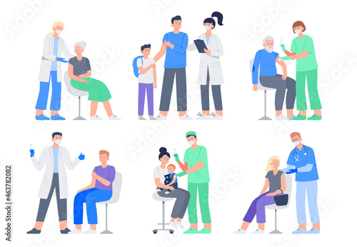 Set of people of different ages, gender gets vaccinated. Doctors and nurses with syringes in hand. Vector flat illustrations isolated on white background. © jenny on the moon