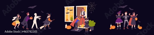 Kids in spooky Halloween costumes. Scenes with cute happy children in creepy carnival clothes with witch hat, broom and pumpkin at autumn October holiday night. Colored flat vector illustrations