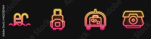 Set line Hotel luggage cart, Swimming pool, Suitcase and Telephone handset. Glowing neon icon. Vector