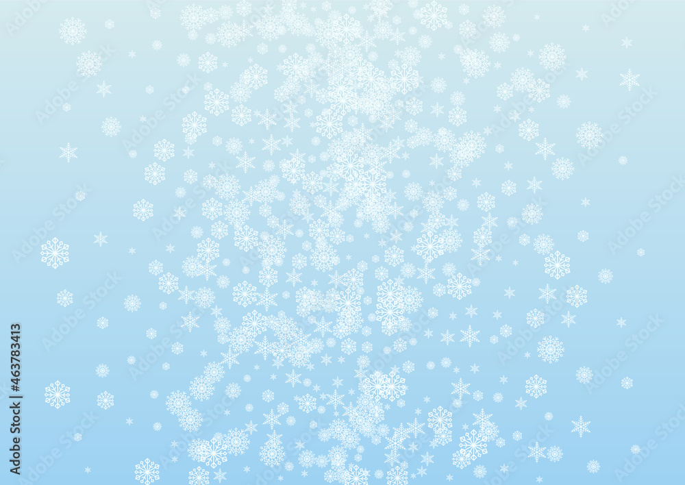 Light Snow Background Vector Blue. Snowflake Magical Illustration. White Confetti Frozen Texture. Luxury Flake Card.