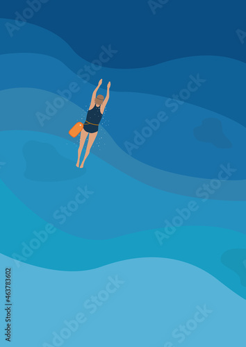Swimming in the sea. A swimmer with a dry bag.