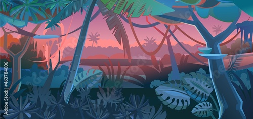 Jungle tree. Morning sunrise dawn or evening sunset. Dense thickets. View from Tropical forest panorama. Southern Rural Scenery. Illustration in cartoon style flat design. Vector