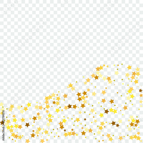Star Sequin Confetti on Black Background. Christmas Party Frame. Voucher Gift Card Template. Vector Gold Glitter. Falling Particles on Floor. Isolated Flat Birthday Card. Golden Stars Banner.
