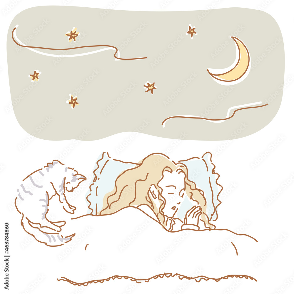 ベッドで猫と眠る女性 ベッドで猫と眠る女性